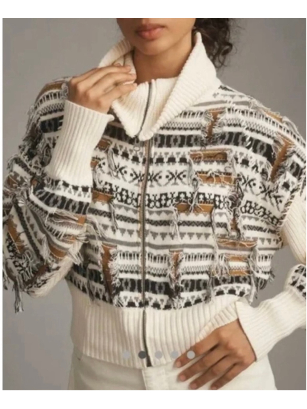 Women's PILCRO White Brown Fair Isle Cropped Cardigan XS